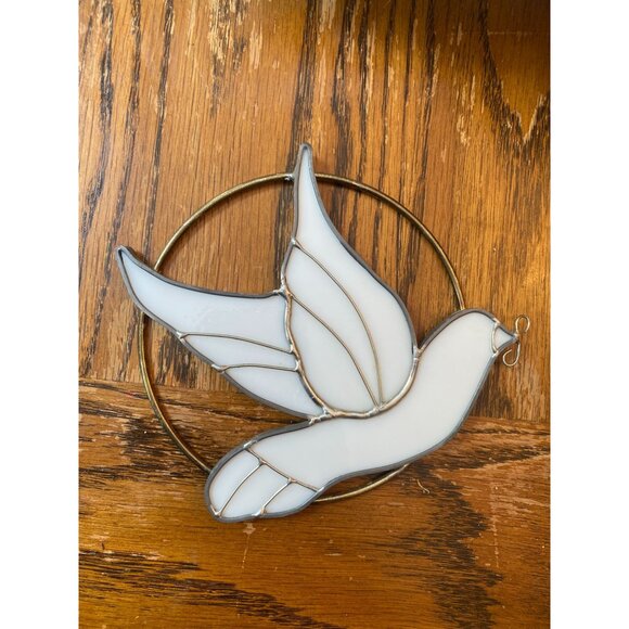 Stained Glass Dove Sun Catcher With Brass Circle Frame Handmade Bird Decor I nch - Picture 2 of 4